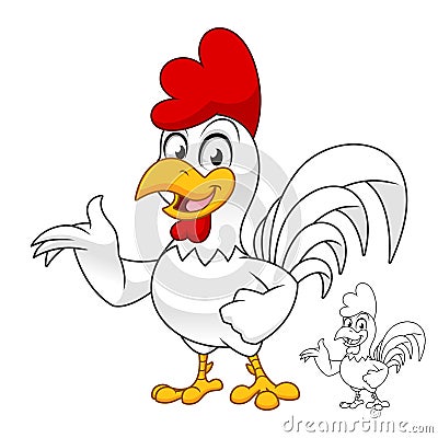 Rooster with Present Hand Sign with Line Art Drawing Vector Illustration