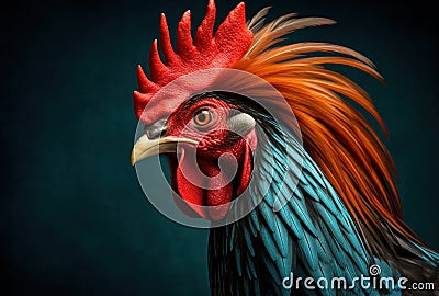 a rooster with a red and blue feathered head Stock Photo