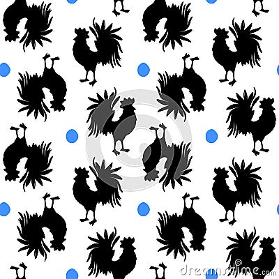 Rooster seamless pattern design with a black silhouette on white background, vector Stock Photo