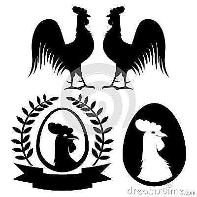 Rooster silhouettes on a white background. Vector Illustration
