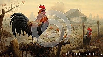 A rooster sits on the fence and crows in the morning on the farm Cartoon Illustration