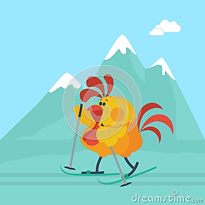 Rooster Skiing in Mountains Cartoon Flat Vector Vector Illustration