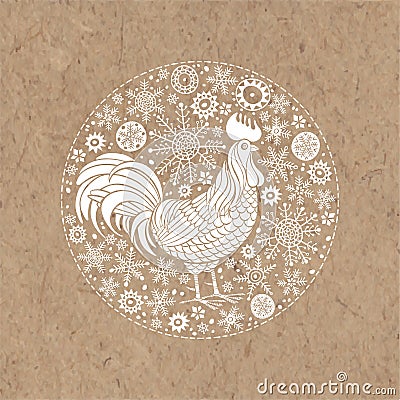 Rooster and snowflakes. Rooster- animal symbol of new year 2017. Vector illustration in the circle on kraft paper, isolated eleme Cartoon Illustration