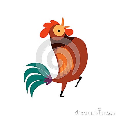 Rooster Standing on One Leg, Farm Cock with Bright Plumage, Poultry Farming Vector Illustration Vector Illustration