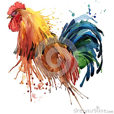 Rooster T-shirt graphics, rooster illustration with splash watercolor textured background. illustration watercolor rooster fashion Cartoon Illustration