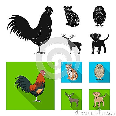 Rooster, tiger, deer, owl and other animals.Animals set collection icons in black, flat style vector symbol stock Vector Illustration