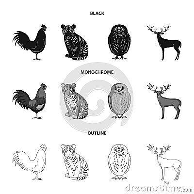 Rooster, tiger, deer, owl and other animals.Animals set collection icons in black,monochrome,outline style vector symbol Vector Illustration