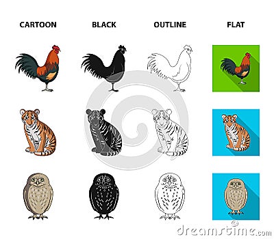 Rooster, tiger, deer, owl and other animals.Animals set collection icons in cartoon,black,outline,flat style vector Vector Illustration