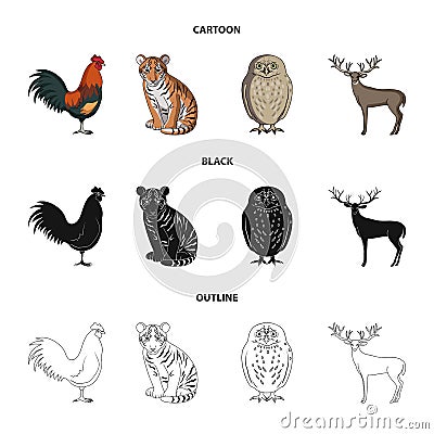 Rooster, tiger, deer, owl and other animals.Animals set collection icons in cartoon,black,outline style vector symbol Vector Illustration