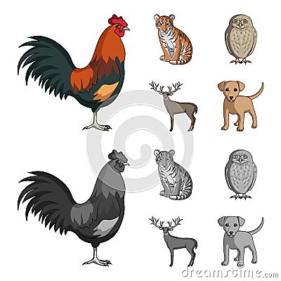 Rooster, tiger, deer, owl and other animals.Animals set collection icons in cartoon,monochrome style vector symbol stock Vector Illustration