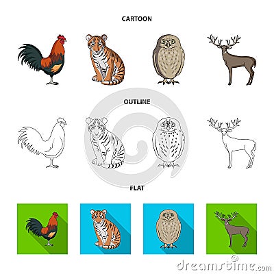 Rooster, tiger, deer, owl and other animals.Animals set collection icons in cartoon,outline,flat style vector symbol Vector Illustration