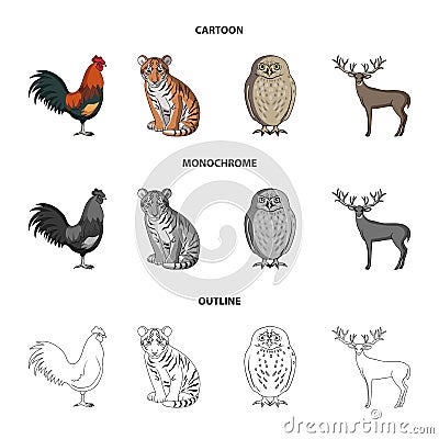 Rooster, tiger, deer, owl and other animals.Animals set collection icons in cartoon,outline,monochrome style vector Vector Illustration