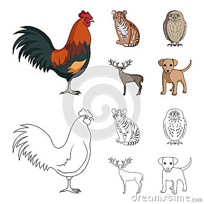 Rooster, tiger, deer, owl and other animals.Animals set collection icons in cartoon,outline style vector symbol stock Vector Illustration