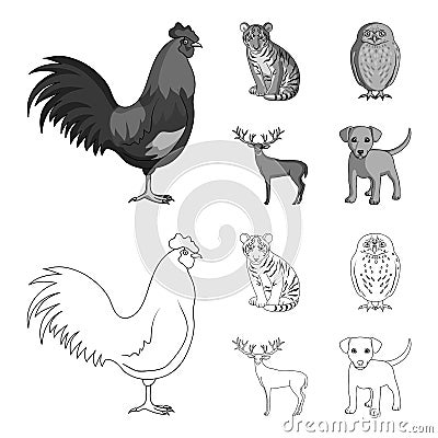 Rooster, tiger, deer, owl and other animals.Animals set collection icons in outline,monochrome style vector symbol stock Vector Illustration