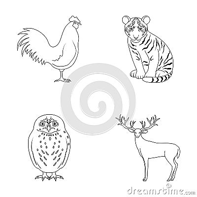 Rooster, tiger, deer, owl and other animals.Animals set collection icons in outline style vector symbol stock Vector Illustration