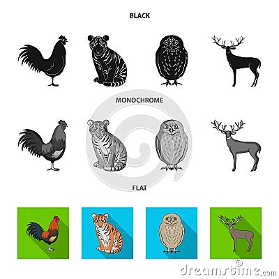 Rooster, tiger, deer, owl and other animals.Animals set collection icons in black, flat, monochrome style vector symbol Vector Illustration
