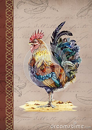 Rooster vintage style decorative illustration. Hand drawn watercolor retro image. Beautiful standing bright rooster farm Cartoon Illustration