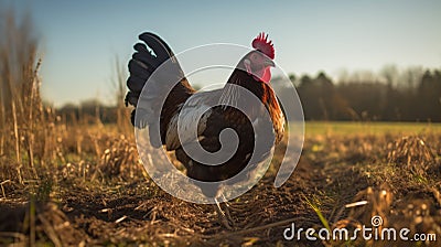 Rooster Walking On One Leg: Lens Flare, Dark Gray And Bronze Stock Photo