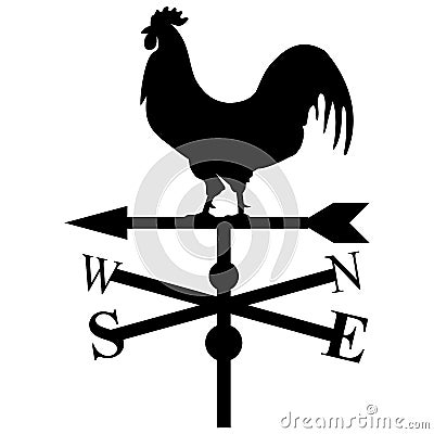 Rooster weather vane on white background. Weather vane silhouette. Rooster compass sign. flat style Vector Illustration