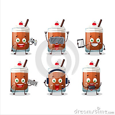 Root beer with ice cream cartoon character are playing games with various cute emoticons Vector Illustration