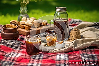 root beer making recipe book on picnic blanket Stock Photo