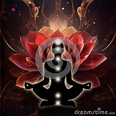 Root chakra meditation in yoga lotus pose, in front of muladhara chakra symbol Stock Photo