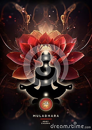 Root chakra meditation in yoga lotus pose, in front of muladhara chakra symbol Stock Photo
