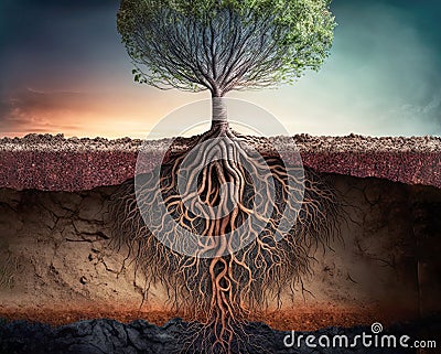 Root system of a tree growing deep through layers of soil and rock, section view. Generative AI illustration Cartoon Illustration