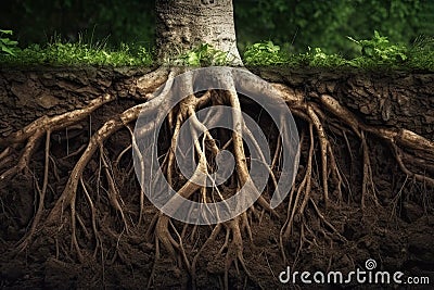 Root system of a tree growing underground, soil cross section. Generative AI realistic illustration Cartoon Illustration