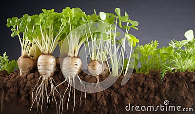 Root vegetables with lush green tops in rich soil, symbolizing growth and vitality Stock Photo