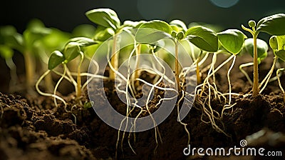 ROOTS WITH LEAVES OF FRESH SOY. GERMINATED SOYBEAN SPROUTS IN THE SOIL Stock Photo