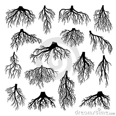 Roots of tree bushes shrubs black silhouettes set. Rootstock rhizoma creeping underground stem Cartoon Illustration