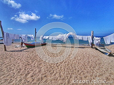 Ropas secÃ¡ndose en el mar en la playa de rincon del mar en el Caribe colombiano. San onofre, Sucre. Colombia " Stock Photo