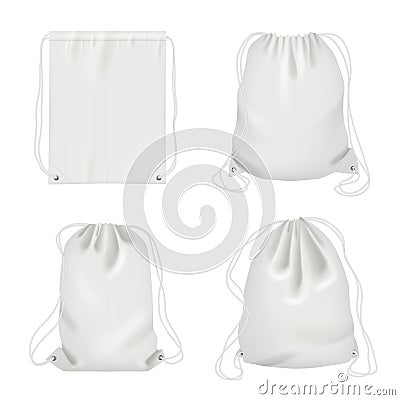 Rope bag. Sport fabric white shoulder drawstring package vector realistic collection Vector Illustration