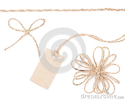Rope bow tag. Jute wrapping collection for present and pricing. Stock Photo