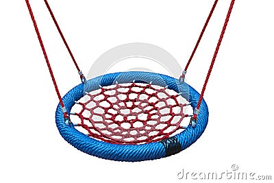 Rope circle blue seat on a white background. Red rope web for swing closeup. An isolated circle Stock Photo