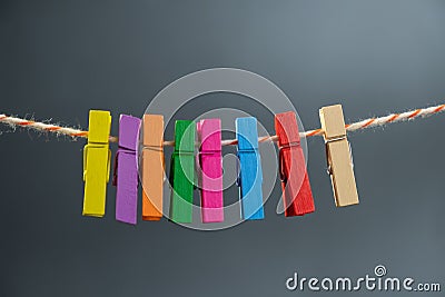 Rope clothespin wooden colorful color. green clamp Stock Photo