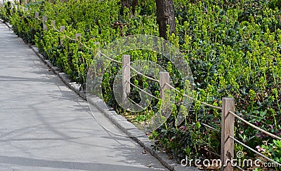 A rope fence in the city park protects flower beds from the entrance of people dogs or bicycle entry into flower beds separates th Stock Photo