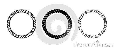 Rope frame set. Round cord border collection. Circle rope wreath loop pack. Chain, braid or plait border bundle Vector Illustration