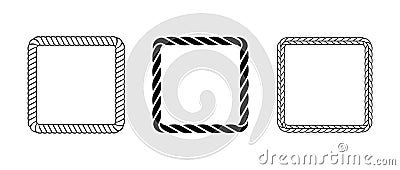 Rope frame set. Squared cord border collection. Rectangular rope loop pack. Chain, braid or plait border bundle. Square Vector Illustration