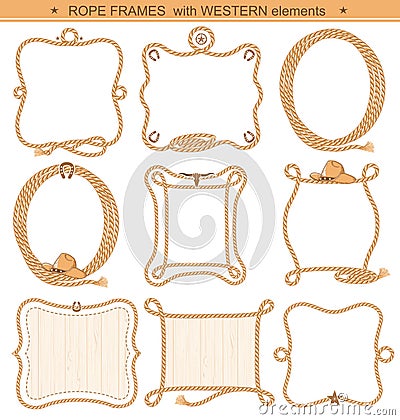 Rope frames background for text with cowboy elements isolated Vector Illustration