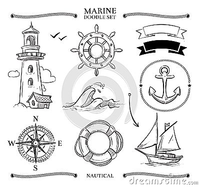 Rope frames, boats, marine knots, anchors nautical vector doodle set Vector Illustration