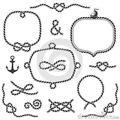 Rope frames, borders, knots. Hand drawn decorative elements Vector Illustration