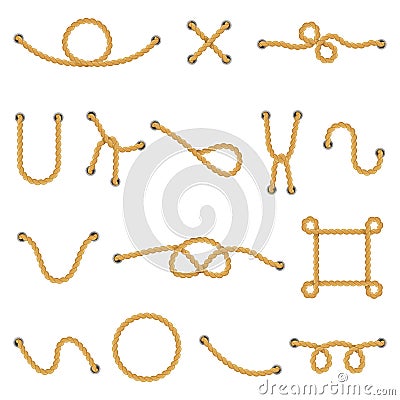 Rope knots. Marine navy cordage knots, decorative rope frame, divider and nautical knot vector isolated illustration Vector Illustration