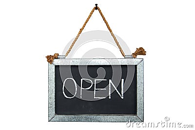 Rope Nail Hanger Board Open Close Hanging Signs or Door Knob Hang Tags isolated on white background Stock Photo