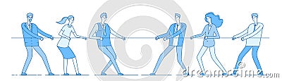 Rope pulling. Team business competition, people rival pulling rope. Competition, conflict rivalry in office. Tug of war Vector Illustration