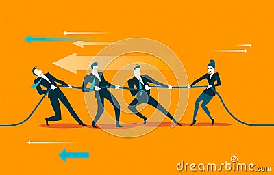 Rope pulling. Teamwork. Woman wins men group Vector Illustration