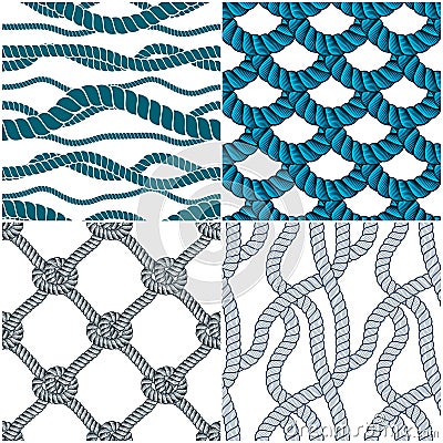 Rope seamless patterns set, trendy vector wallpaper backgrounds collection. Endless navy illustrations with fishing net ornament Vector Illustration
