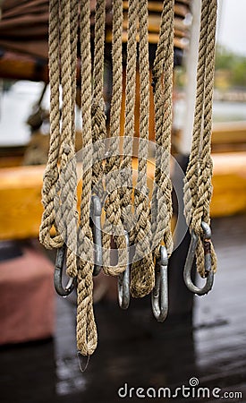 Ropes and carabiners at a vintge yacht Stock Photo