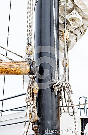 Ropes and Rigging on Black Mast Stock Photo